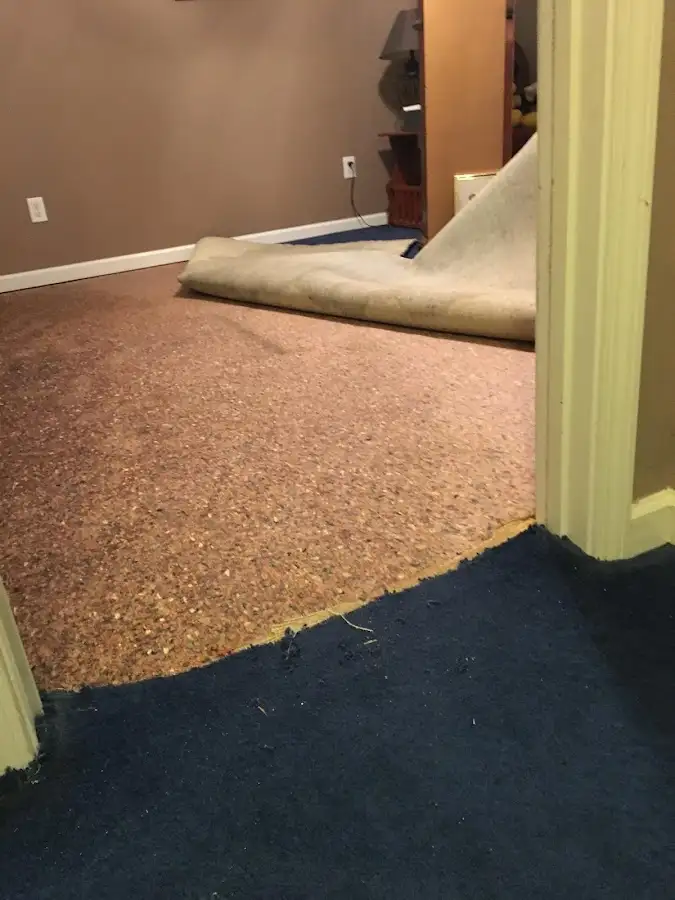 Carpet pad removal revealing water damage during Water Mitigation Services in Hellertown